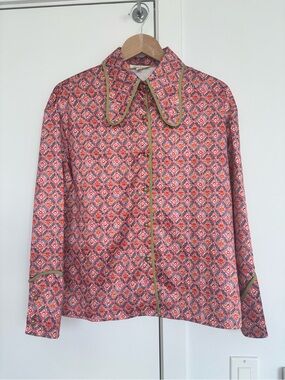 Pink Ripple Block Print Blouse | Size S | Tile / Medallion Print with Olive Trim
